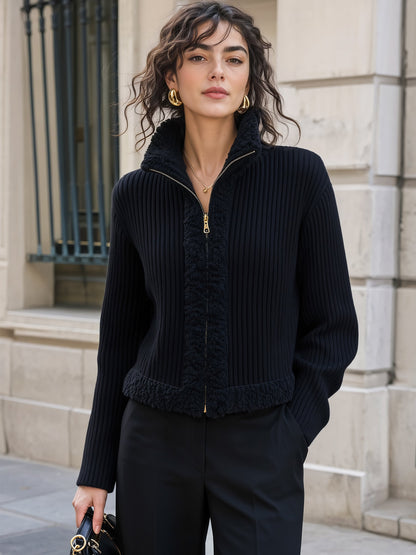 Sherpa Trim Ribbed Zip-Up Cardigan