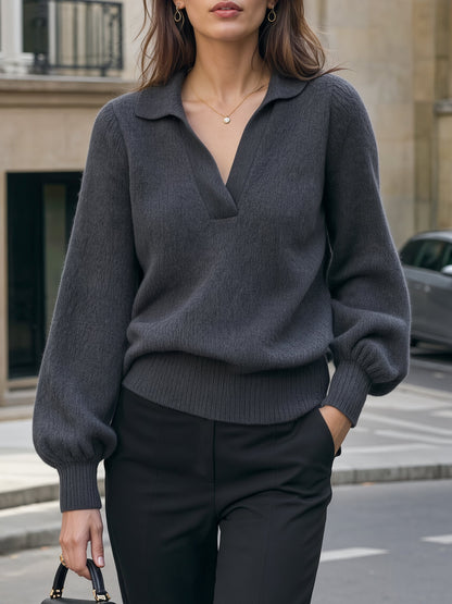 Polo Collar V-Neck Blouson Sleeve Knit Sweater