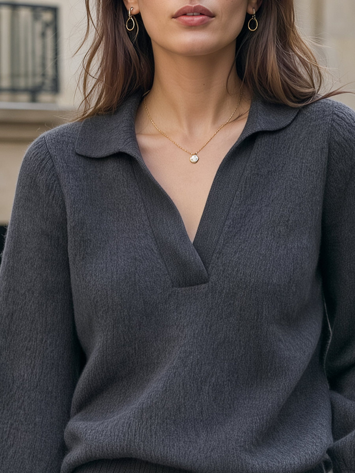 Polo Collar V-Neck Blouson Sleeve Knit Sweater