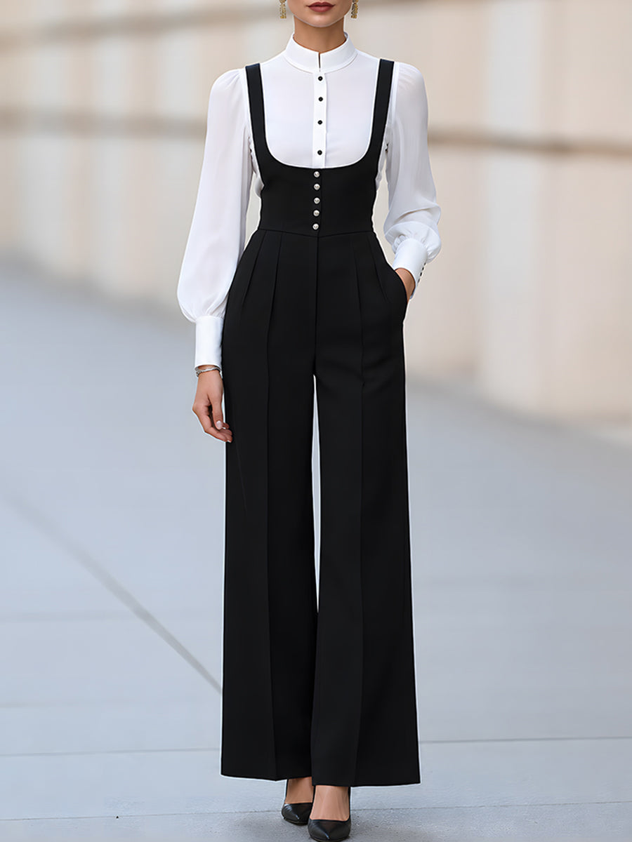 High-Neck Blouse & Wide-Leg Suspender Pants Set