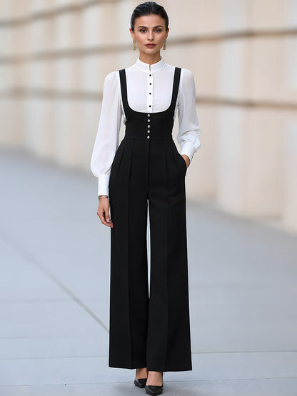 High-Neck Blouse & Wide-Leg Suspender Pants Set