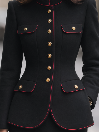 Black Red Piping Gold Button Stand Collar Military Tailored Jacket