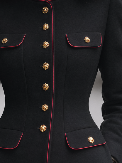 Black Red Piping Gold Button Stand Collar Military Tailored Jacket