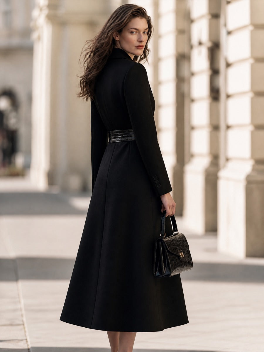 Double-Breasted Longline Coat With Croc-Effect Tie Belt