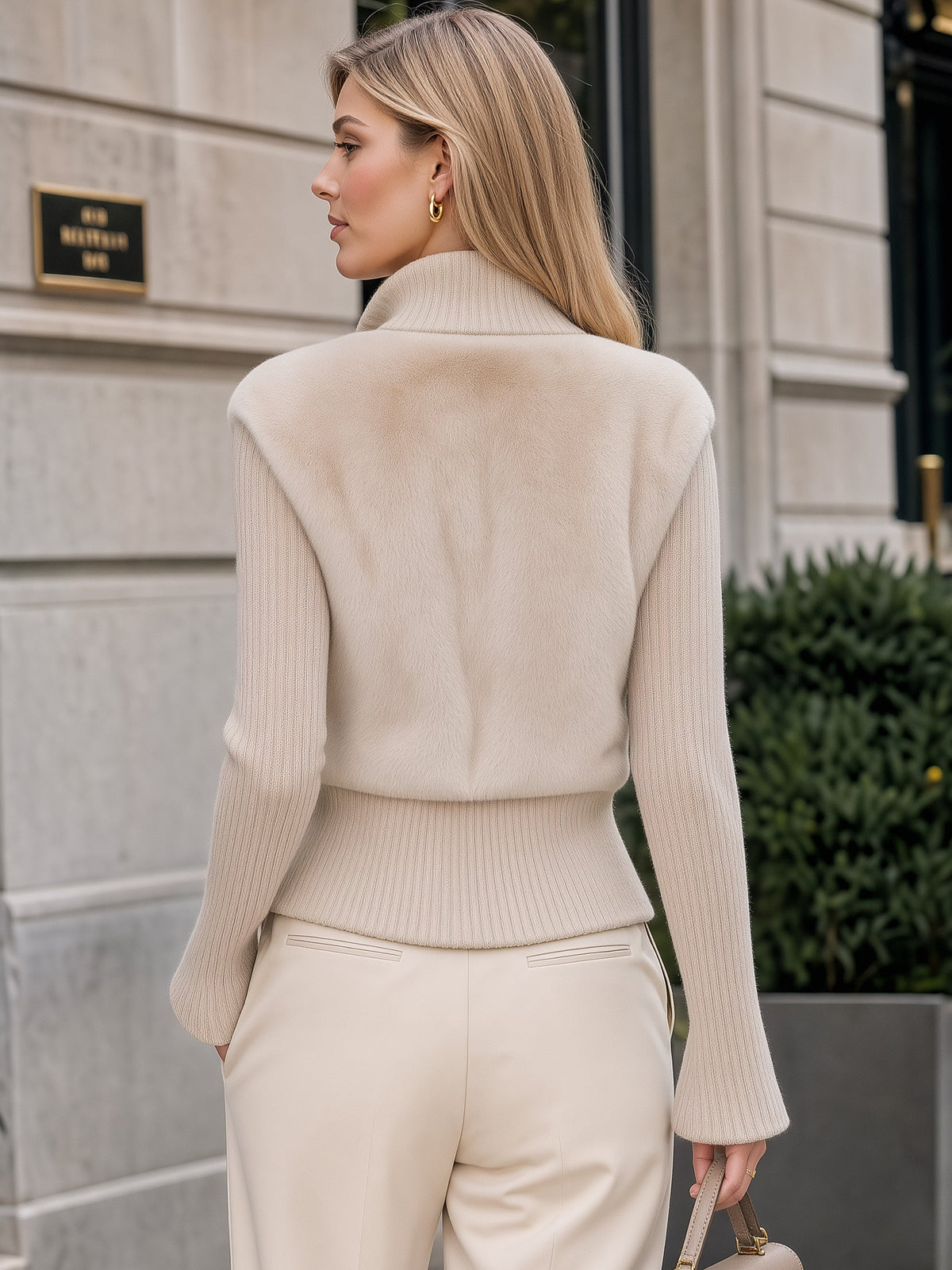 Faux Fur Panel Zip-Up Knit Cardigan