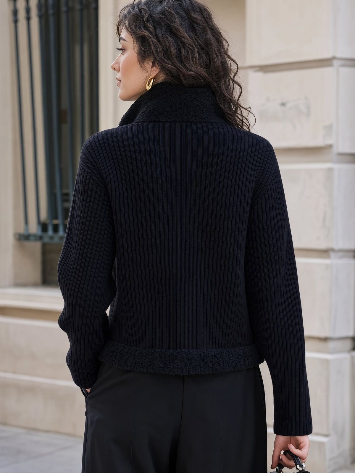 Sherpa Trim Ribbed Zip-Up Cardigan