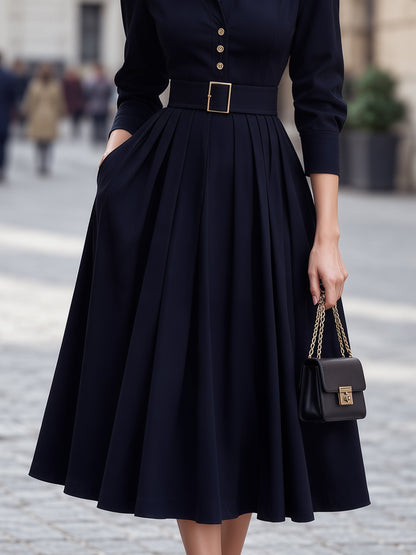 Belted Pleated Shirt Midi Dress