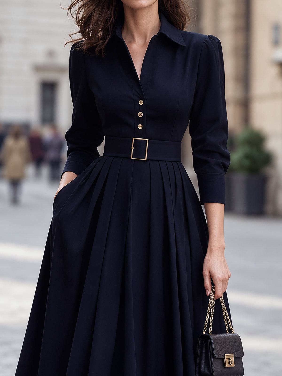 Belted Pleated Shirt Midi Dress