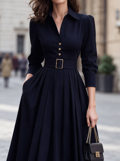 Belted Pleated Shirt Midi Dress
