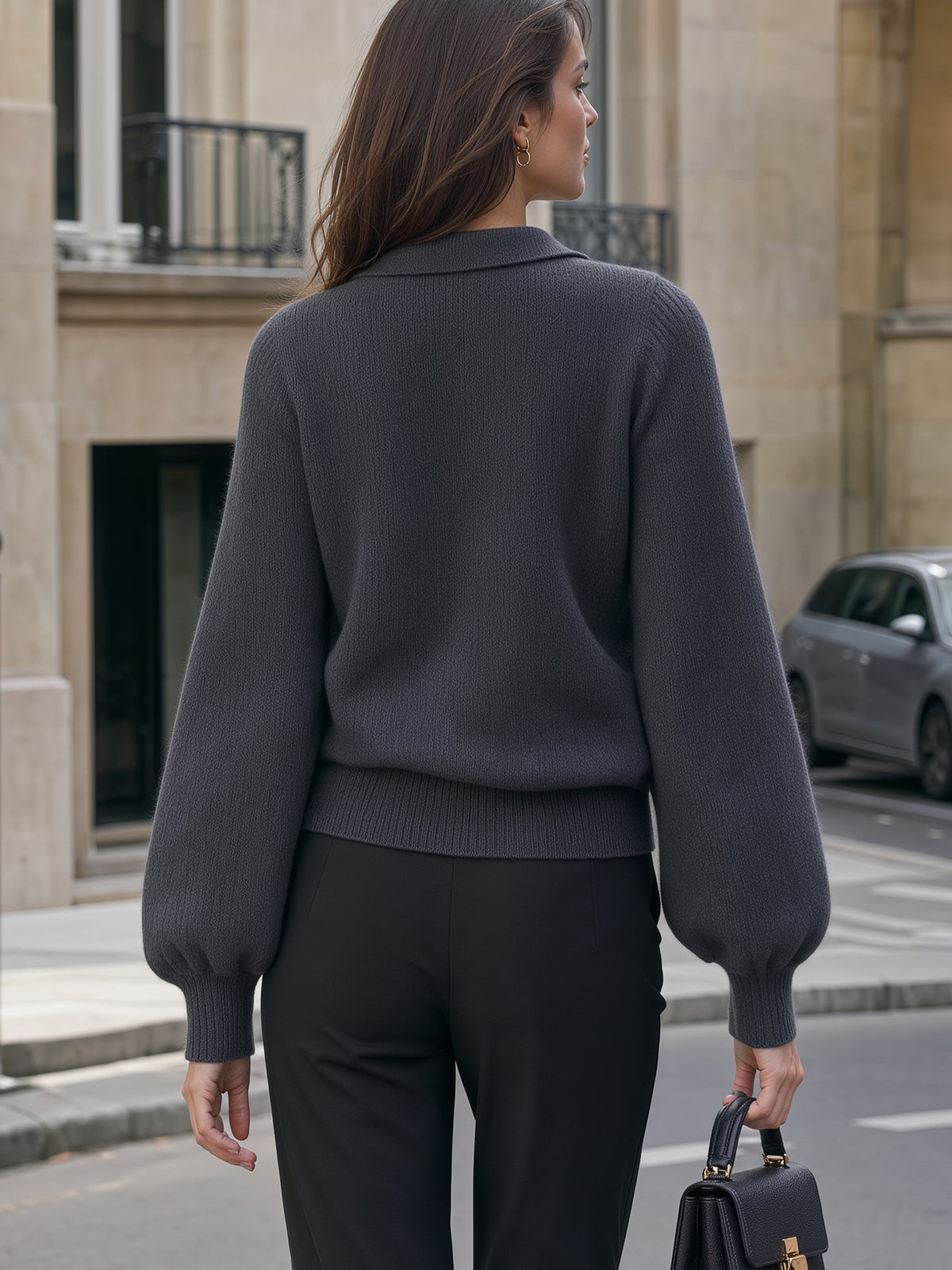 Polo Collar V-Neck Blouson Sleeve Knit Sweater