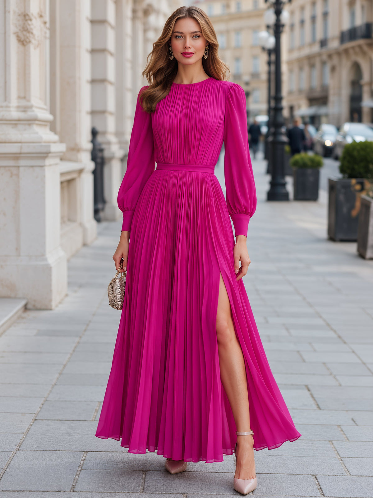 Women's Pleated Long Sleeve High Slit Maxi Dress