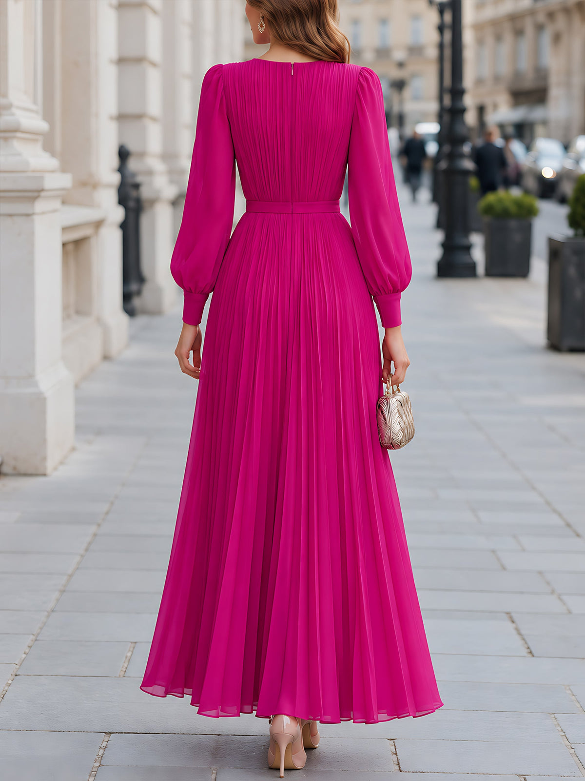 Women's Pleated Long Sleeve High Slit Maxi Dress