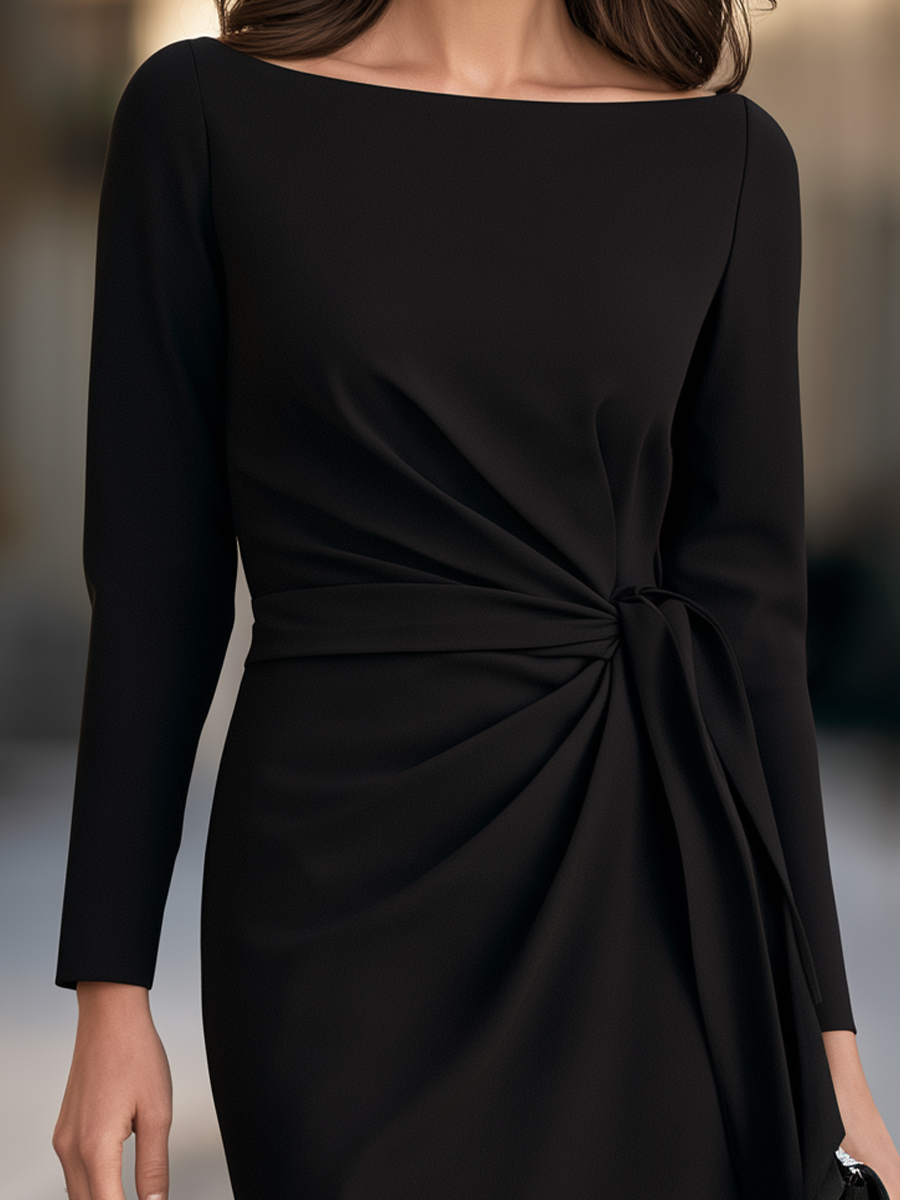 Boat-Neck Side-Tie Ruched Sheath Midi Dress