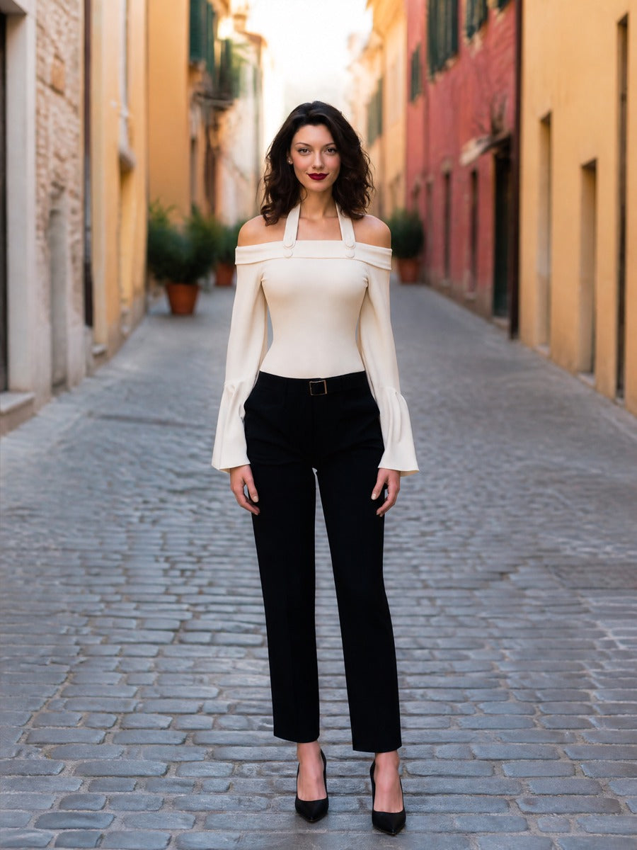 Off-Shoulder Halter Neck Bell Sleeve Top with Button Detail