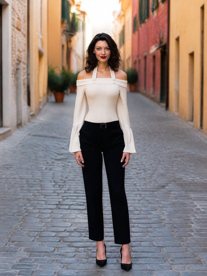 Off-Shoulder Halter Neck Bell Sleeve Top with Button Detail