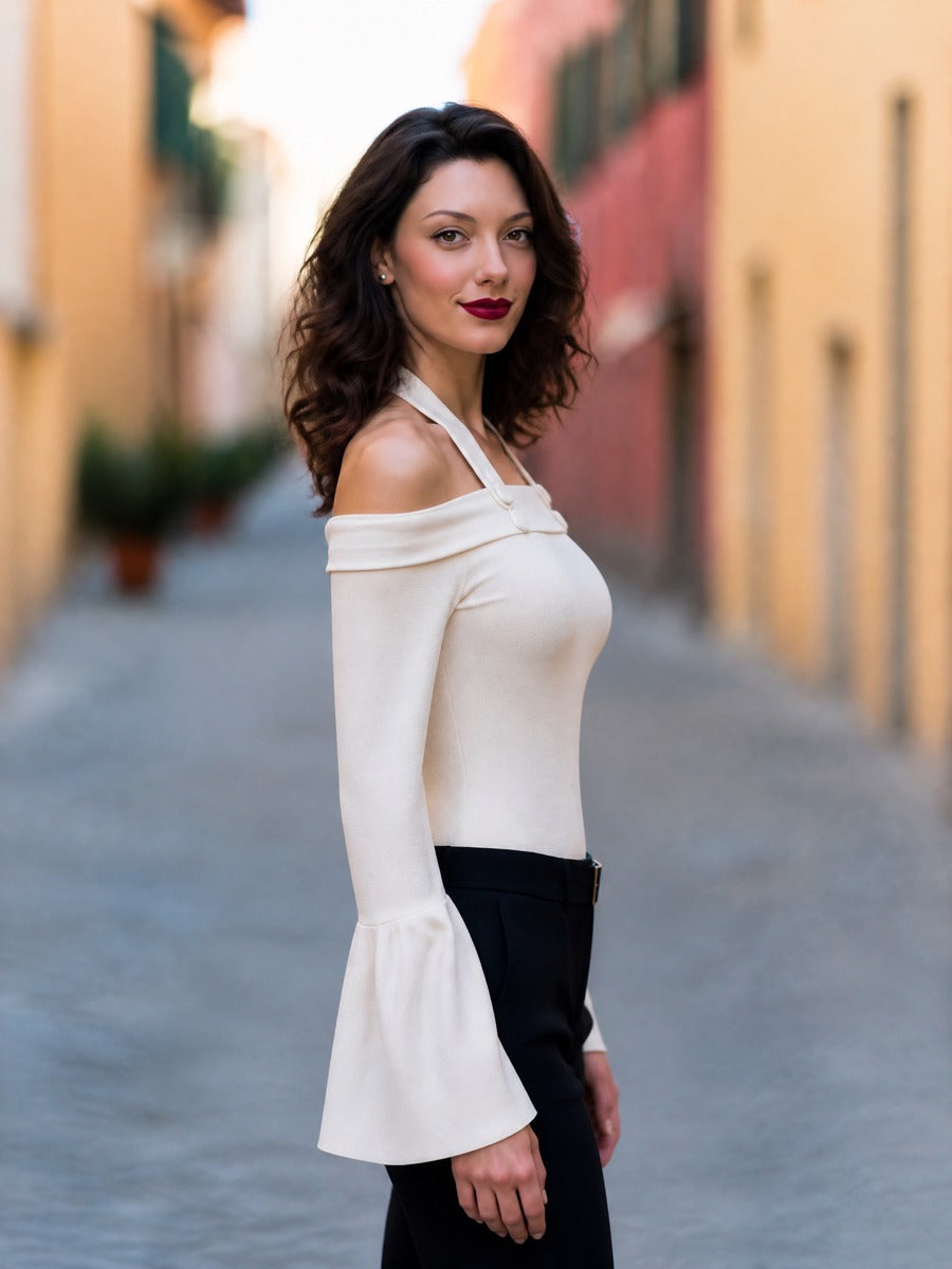 Off-Shoulder Halter Neck Bell Sleeve Top with Button Detail