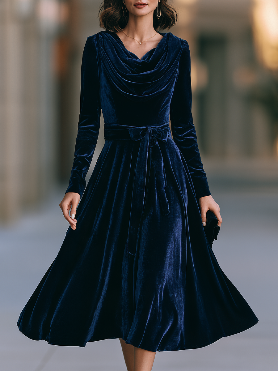 Cowl-Neck Belted Velvet Fit-and-Flare Midi Dress