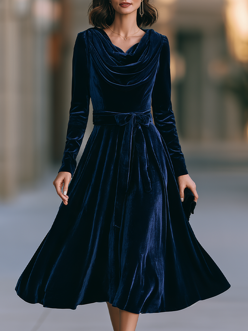 Cowl-Neck Belted Velvet Fit-and-Flare Midi Dress