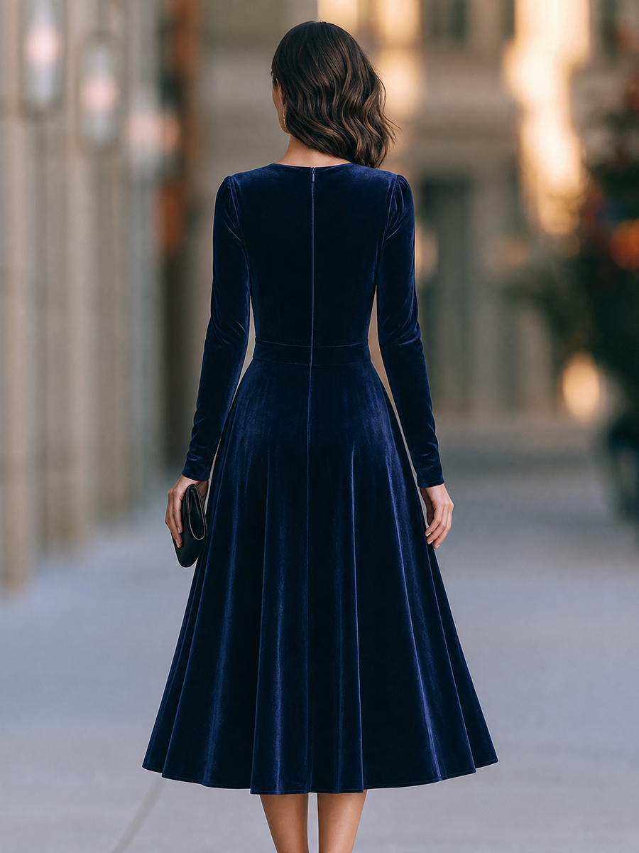 Cowl-Neck Belted Velvet Fit-and-Flare Midi Dress