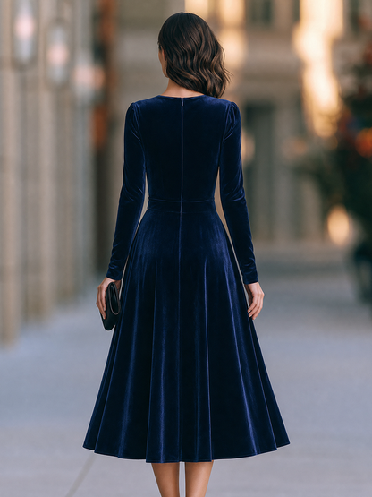 Cowl-Neck Belted Velvet Fit-and-Flare Midi Dress