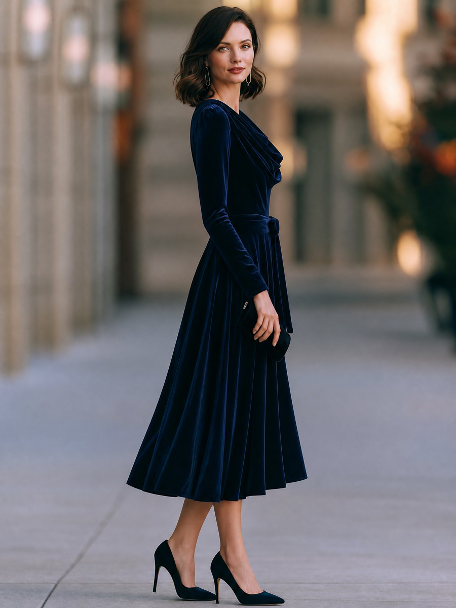 Cowl-Neck Belted Velvet Fit-and-Flare Midi Dress