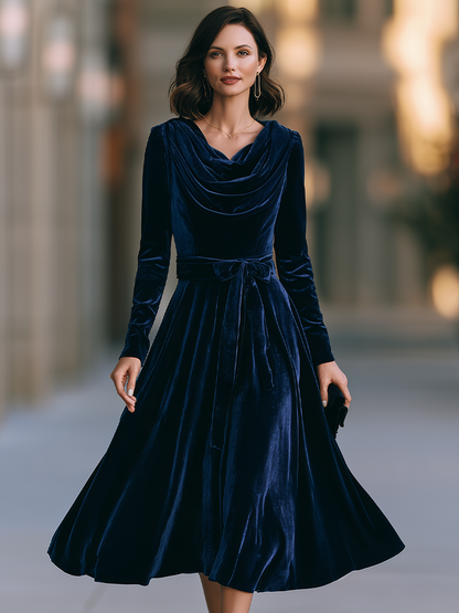 Cowl-Neck Belted Velvet Fit-and-Flare Midi Dress