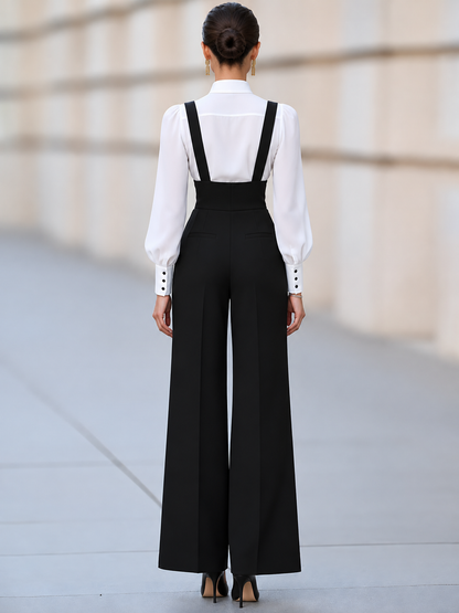 High-Neck Blouse & Wide-Leg Suspender Pants Set