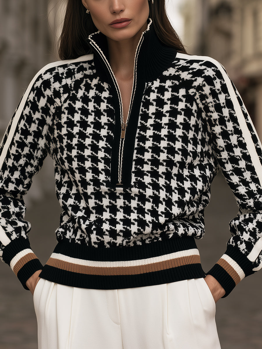 Houndstooth Quarter-Zip Knit Sweater