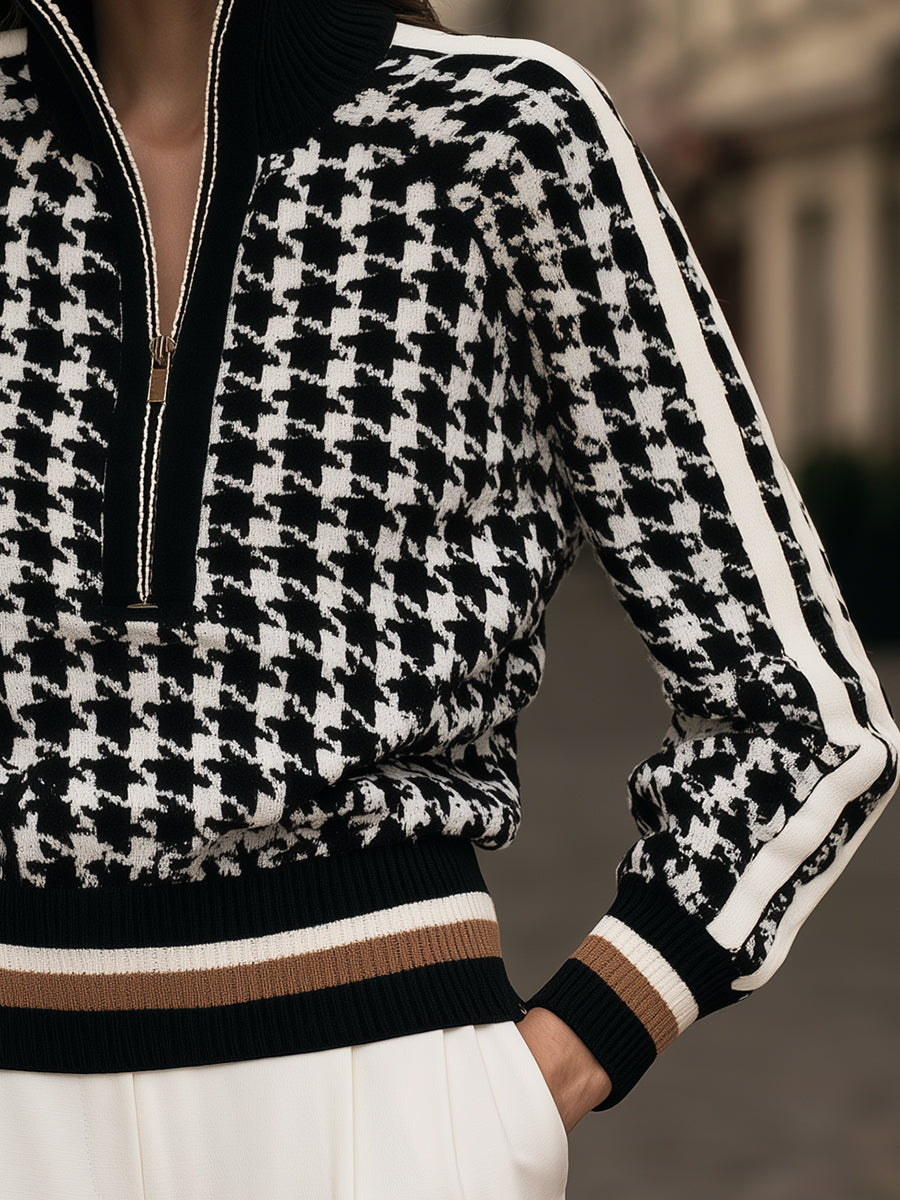 Houndstooth Quarter-Zip Knit Sweater