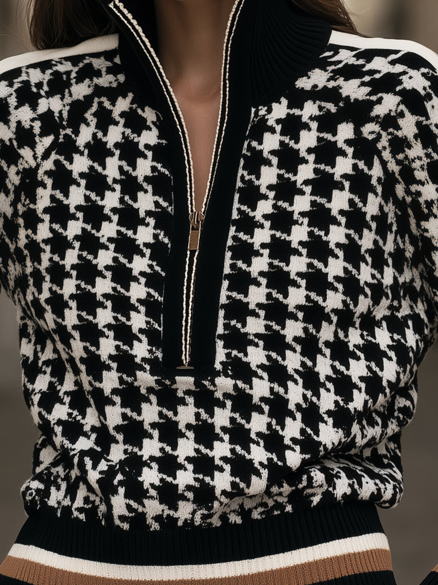 Houndstooth Quarter-Zip Knit Sweater
