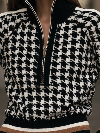 Houndstooth Quarter-Zip Knit Sweater
