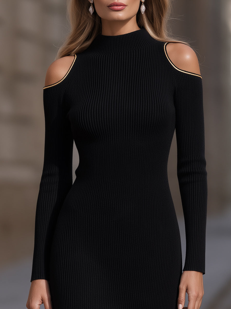 Gold-Trimmed Off-Shoulder Ribbed Knit Midi Dress