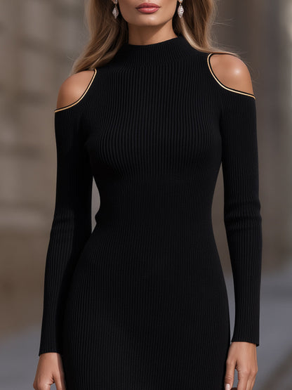 Gold-Trimmed Off-Shoulder Ribbed Knit Midi Dress