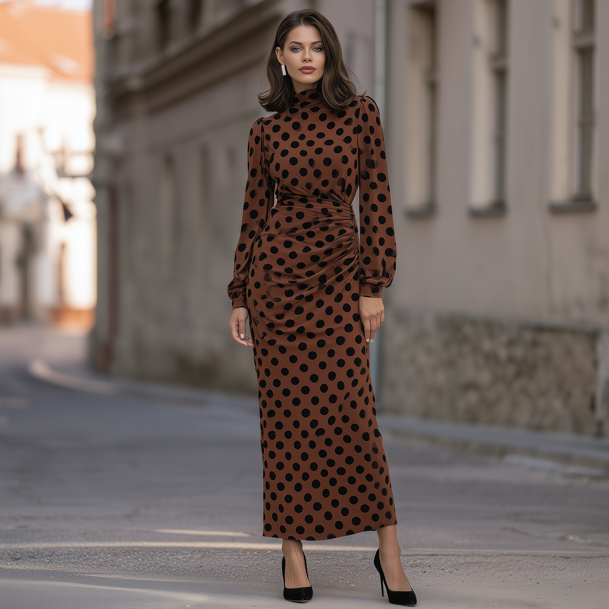 Polka-Dot Ruched High-Neck Maxi Dress