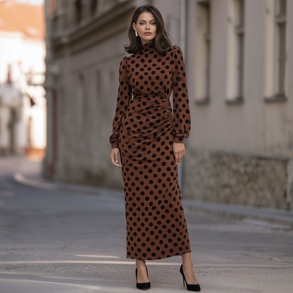 Polka-Dot Ruched High-Neck Maxi Dress