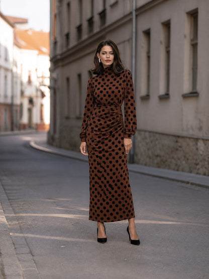 Polka-Dot Ruched High-Neck Maxi Dress