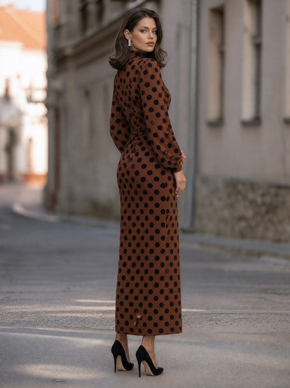 Polka-Dot Ruched High-Neck Maxi Dress