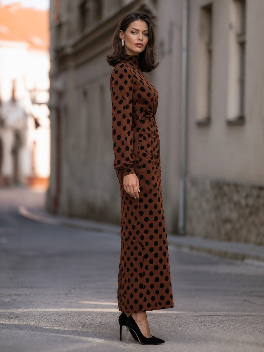 Polka-Dot Ruched High-Neck Maxi Dress