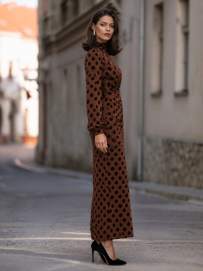 Polka-Dot Ruched High-Neck Maxi Dress