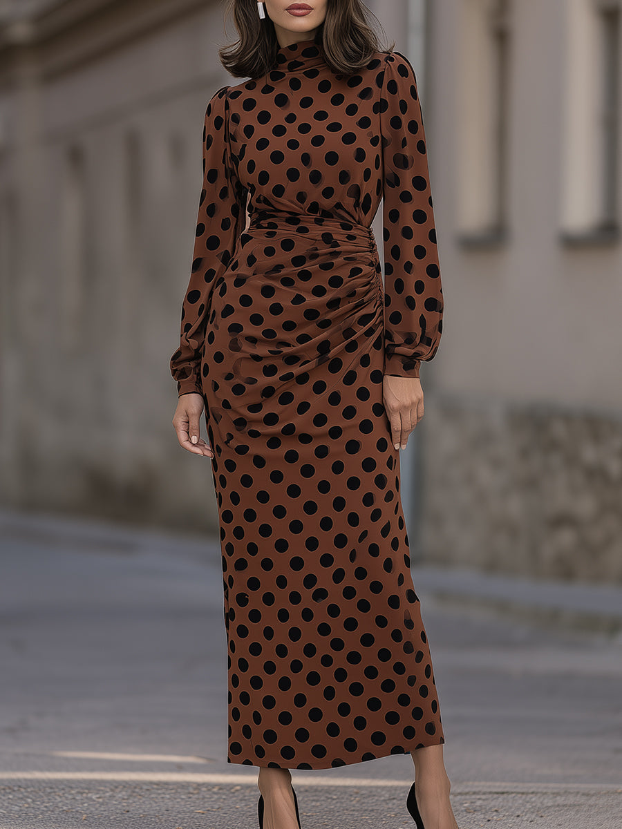Polka-Dot Ruched High-Neck Maxi Dress