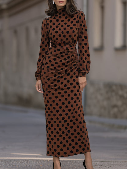 Polka-Dot Ruched High-Neck Maxi Dress