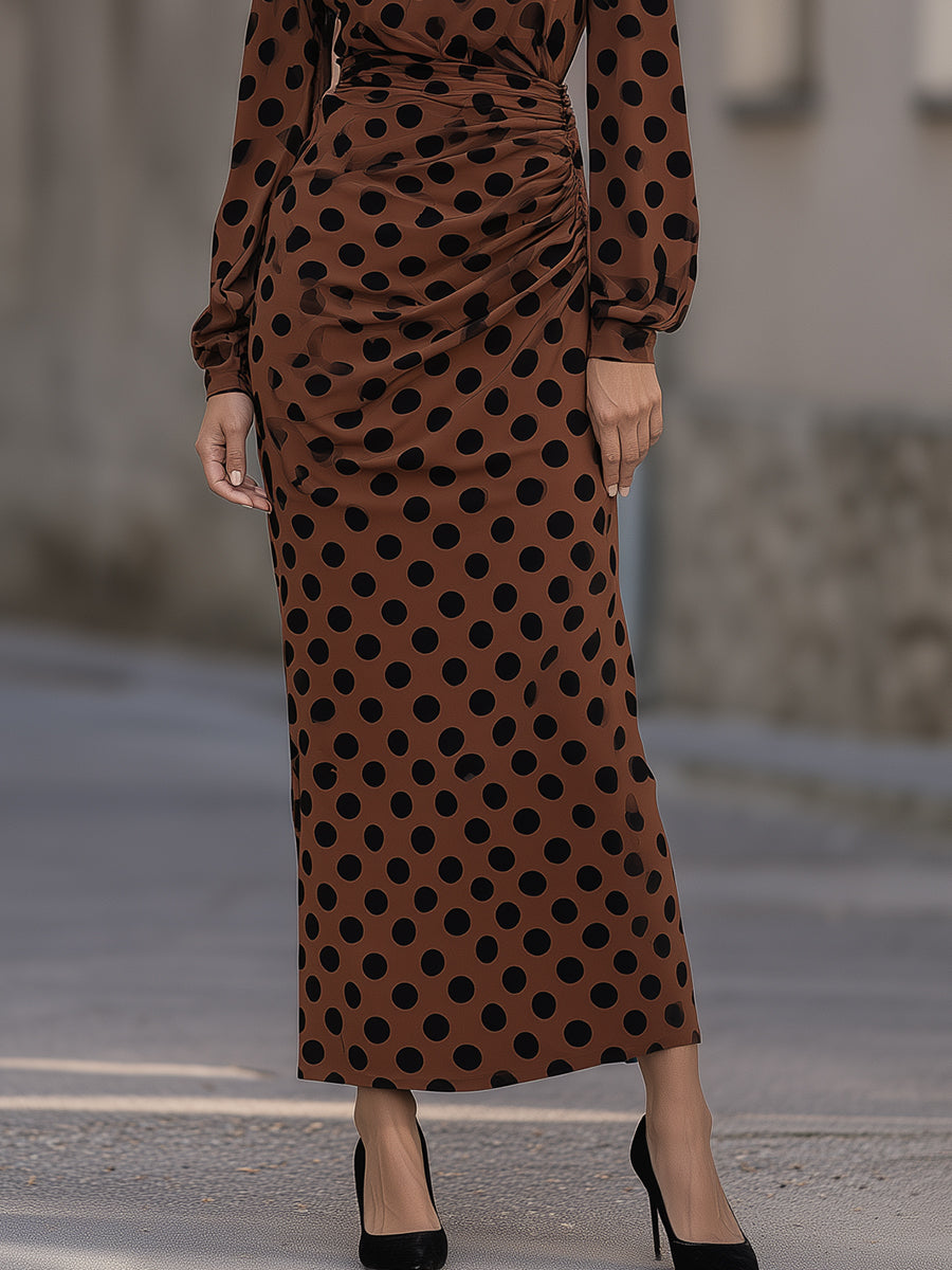 Polka-Dot Ruched High-Neck Maxi Dress