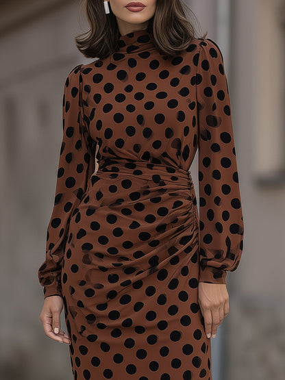 Polka-Dot Ruched High-Neck Maxi Dress