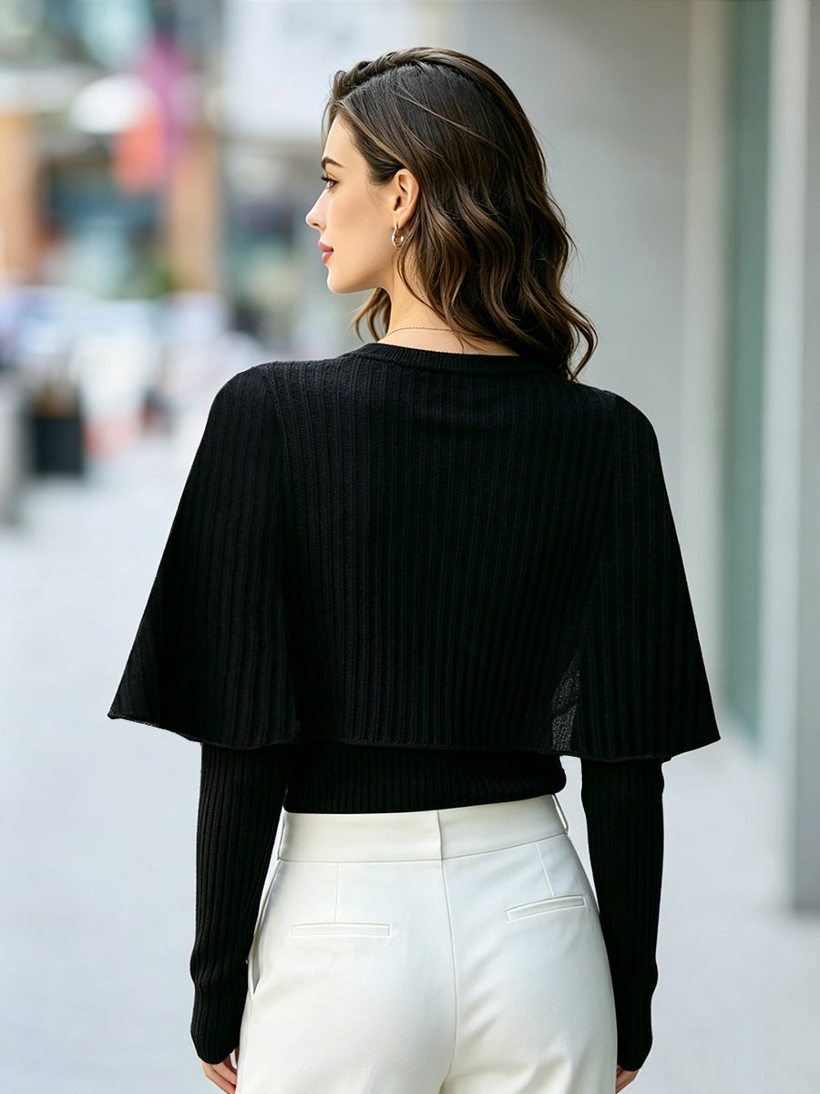 Two-Piece Effect Capelet Ribbed Knit Sweater