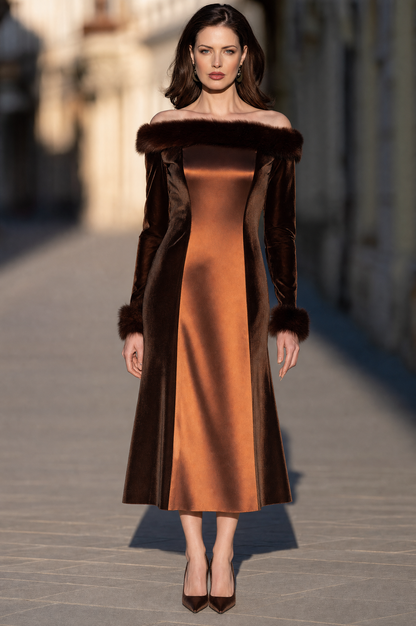 Faux-Fur Trim Velvet And Satin Midi Dress