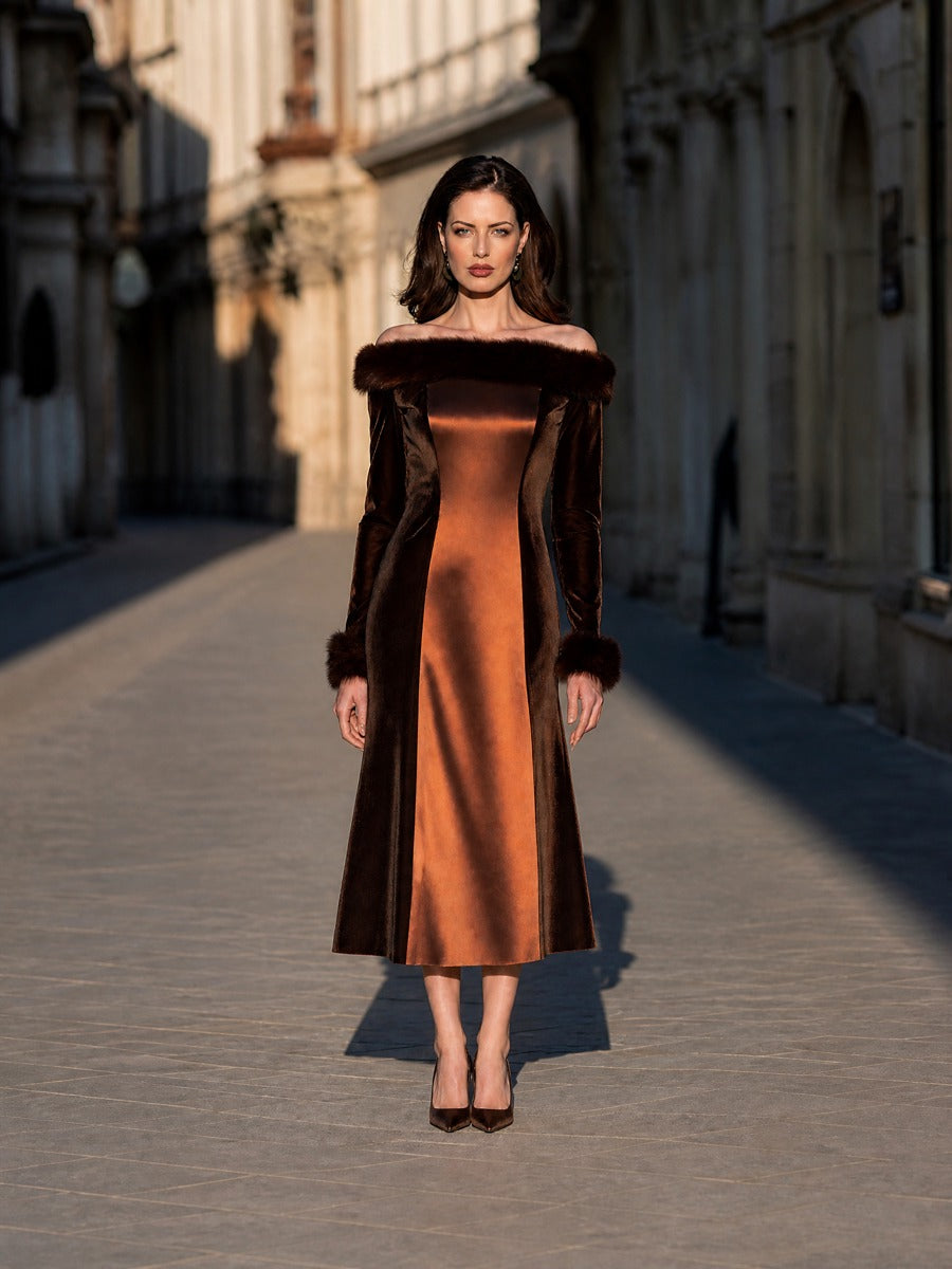 Faux-Fur Trim Velvet And Satin Midi Dress