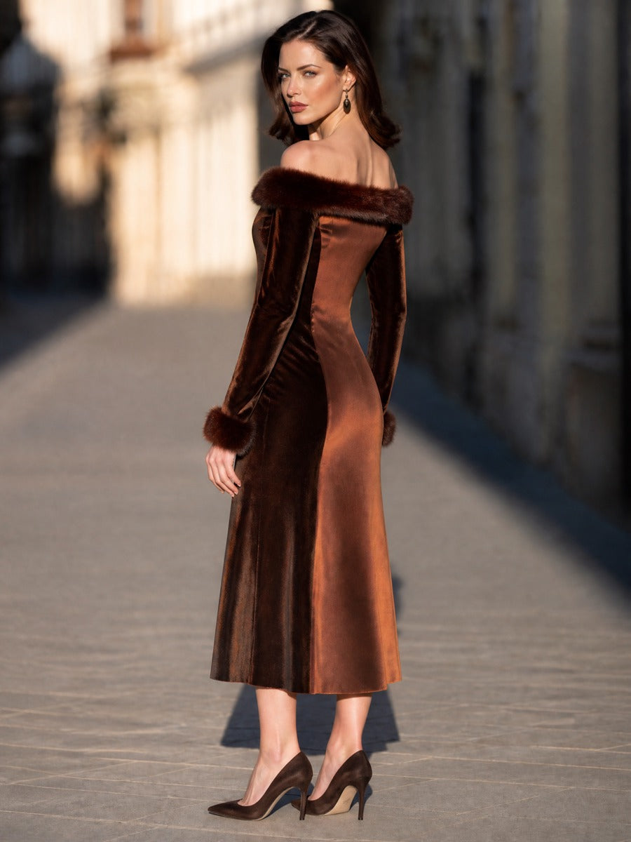 Faux-Fur Trim Velvet And Satin Midi Dress