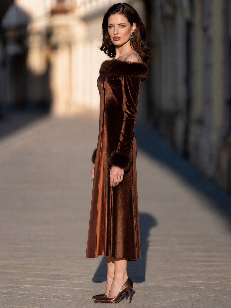Faux-Fur Trim Velvet And Satin Midi Dress