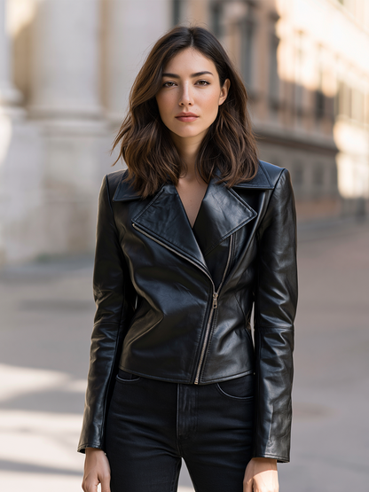 Faux Leather Asymmetrical Silver Zip Notched-Lapel Jacket