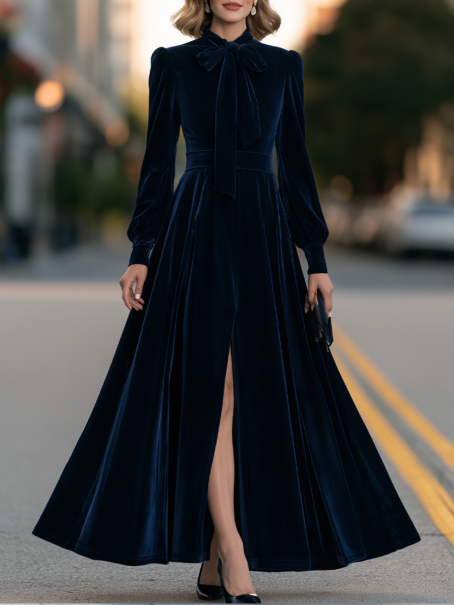 Tie-Neck Bishop Sleeve High-Slit Velvet Maxi Dress
